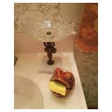 Glass Pedestal Dish and Frog Figurine