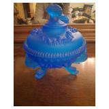 Blue Satin Glass Lidded Dish