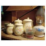 Floral Canisters and Oil Lamp