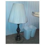 Table Lamp and Trash Bins