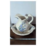 Blue Floral Porcelain Pitcher and Bowl