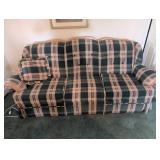 Plaid Sofa with Light Wood Accents