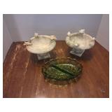 Marble Bowls and Green Glass Dish