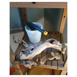 Lot: Driftwood, Plant Pot, Garden Tools