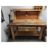 Wood Workbench With Drawer, Vise, and Light