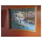 Signed and Framed River Fishing Painting