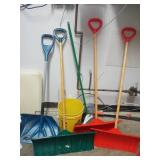 4 Snow Shovels, Broom, Salt, and Bucket