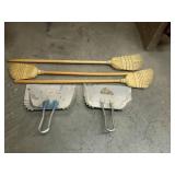 3 Straw Brooms and 2 Metal Dustpans