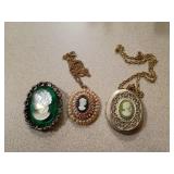 Trio of Costume Cameo Necklaces and Brooch