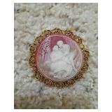 Cameo Brooch with Gold Tone Filigree Frame