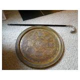 Brass Tray with Arabic Script and Walking Cane