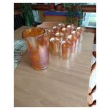 Marigold Carnival Glass Pitcher and 12 Tumblers