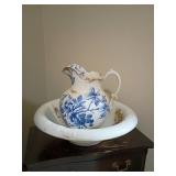 Ceramic Wash Basin and Blue Floral Pitcher