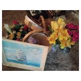 Baskets, Silk Flowers, Framed Ship Art