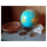 Decor Lot: Globe, Clock, Brass Boxes