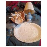 Home Decor: Turkey Platter, Lamp, Glass Compote