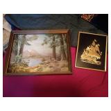 Framed Moving Deer Landscape Print and Gold Tone S
