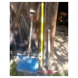 Garden Tool Lot: Shovel, Bow Rake, pick axe Driver