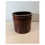 Brown Stoneware Crock with Crack and Wear