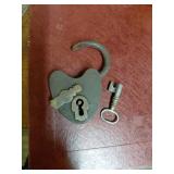 Antique U.S. Brass Heart-Shaped Padlock with Key