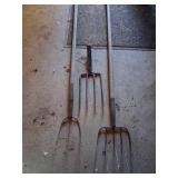 Two Vintage Pitchforks and Spare Pitchfork Head