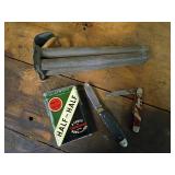 Half and Half Tin, Two Pocket Knives, Metal Seeder