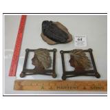 TRILOBITE FOSSIL AND TWO METAL PLATES