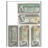 CANADIAN ONE DOLLAR BANKNOTES - QTY 5