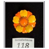 **VINTAGE 60s ENAMEL AND ORANGE RHINESTONE BROOCH