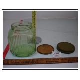 **1930s GREEN VASELINE RIBBED COTTIE OR COOKIE JAR