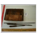 ANTIQUE DRILLS BITS AND WOOD TOOL BOX