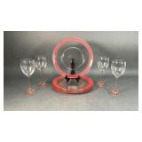 Pyrorey Pink Rimmed Plates and Pink Stemware