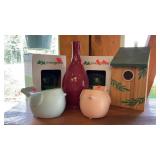 Hummingbird Feeders, Bird House and Pottery