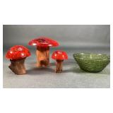 Mid Century Glass Mushrooms and Bowl