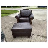 Wood Trimmed Leather Chair and Ottoman
