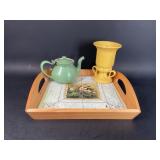 Caremark Vase, Enamelware Teapot & Tiled Tray