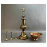Brass Lamp and Candlesticks and Copper Bowl