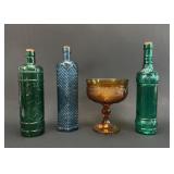 Amber Footed Compote and Colored Glass Bottles