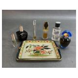 Vintage Metal Tray of Perfume and Cologne Bottles