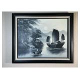 Vintage Chinese Junk Boat Oil on Canvas Board