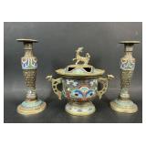 Brass Cloisonnï¿½ Incense Burner & Candlesticks Set