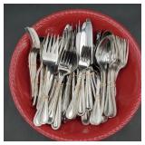 Large melamine ware red bowl w/ silverware