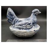 Ceramic Blue & White Hen on Nest Egg Dish