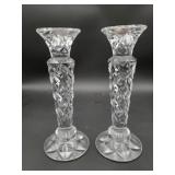 Pair of 9' glass diamond-cut pattern candlesticks