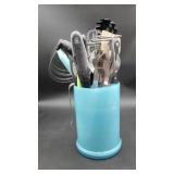 Turquoise glass vase/utensil holder w/ utensils