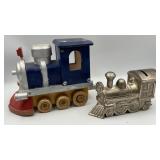 Brushed pewter locomotive coin bank & wood steam