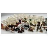 Farm animals, fencing, and figurines
