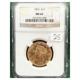 1893 Gold $10 NGC MS62 Coin