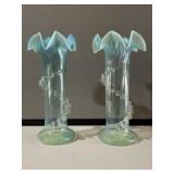 2 Blue / White Opalescent Ruffled Vases