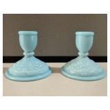 Pair Blue Imperial Glass Candlesticks
